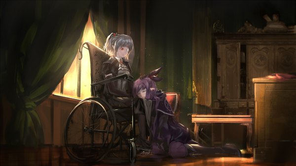 Anime picture 1920x1080 with original pixiv fantasia pixiv fantasia fallen kings c.z. highres red eyes wide image sitting multiple girls purple hair ponytail indoors eyes closed pointy ears grey hair sunlight wallpaper crying lap pillow girl