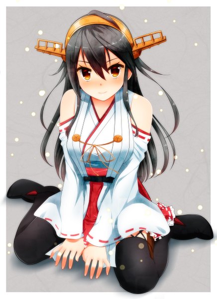 Anime picture 873x1200 with kantai collection haruna battleship kiko (weavehabit) single long hair tall image looking at viewer blush fringe black hair simple background hair between eyes sitting yellow eyes traditional clothes japanese clothes grey background wariza framed girl
