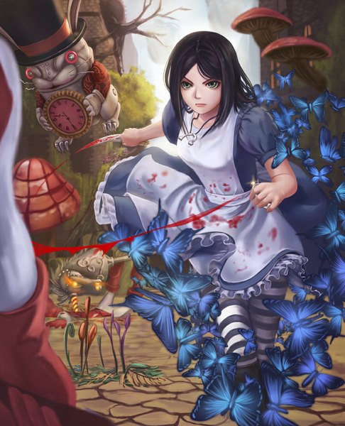Anime picture 810x1000 with american mcgee's alice (game) alice: madness returns white rabbit alice (american mcgee's) kome (okome-smile) single long hair tall image black hair holding green eyes lips fighting stance serious glow running bloody clothes bloody weapon girl plant (plants)