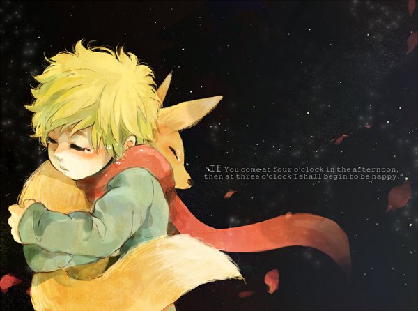 Anime picture 1000x744 with the little prince the little prince (the little prince) fox (the little prince) riya (artist) single blush short hair blonde hair simple background eyes closed inscription tears black background animal on shoulder boy animal scarf child (children) red scarf fox