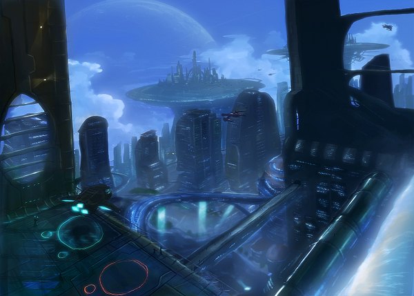 Anime picture 1400x1002 with kamikaye (artist) cloud (clouds) city blue background flying science fiction building (buildings) planet aircraft road airship