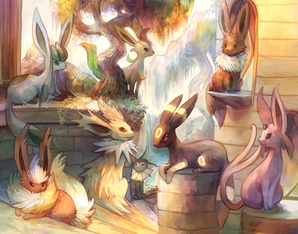 Anime picture 1100x864 with pokemon nintendo eevee umbreon espeon glaceon vaporeon leafeon flareon jolteon glitchedpuppet purplekecleon sitting group no people multiple tails gen 1 pokemon gen 2 pokemon gen 4 pokemon plant (plants)