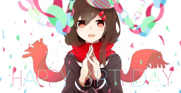 Anime picture 2284x1176 with kagerou project shaft (studio) tateyama ayano kent single long hair looking at viewer highres open mouth red eyes brown hair wide image white background happy birthday girl uniform hair ornament hat serafuku hairclip