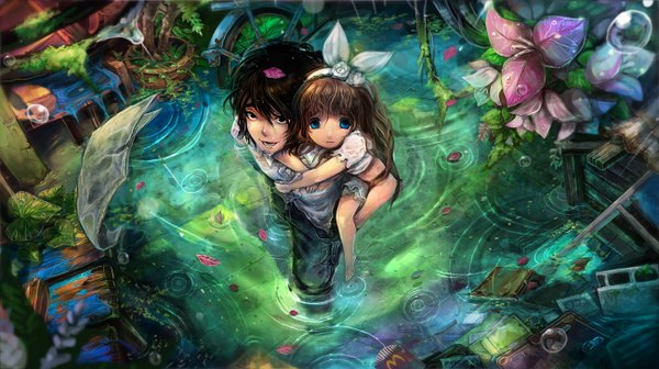 Anime picture 1300x730 with original nyoxion long hair looking at viewer short hair open mouth blue eyes blonde hair smile brown hair wide image black eyes loli looking up sad carrying girl boy flower (flowers) petals