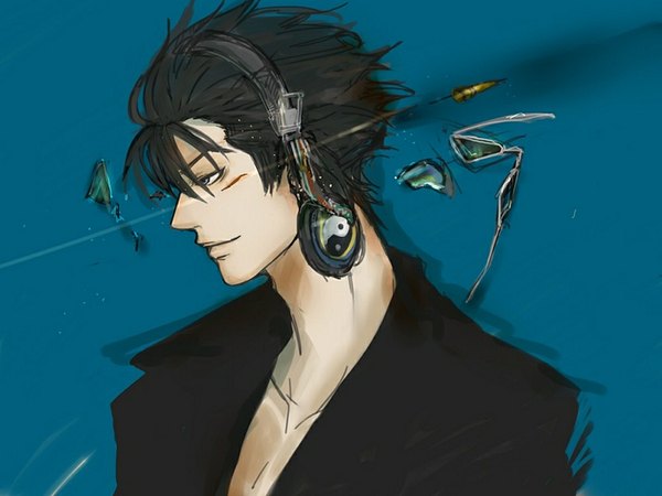 Anime picture 1000x750 with gintama sunrise (studio) kawakami bansai single short hair black hair simple background smile looking away profile lips black eyes boy glasses headphones bullet kiheitai