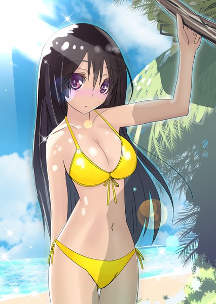Anime picture 1200x1691 with original iwanishi single long hair tall image looking at viewer blush breasts light erotic black hair red eyes sky cloud (clouds) midriff girl navel swimsuit bikini