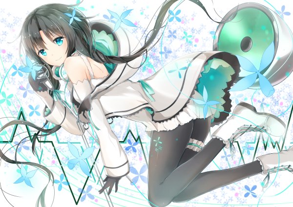 Anime picture 1200x848 with utau xia yu yao konka single looking at viewer black hair smile bare shoulders hair flower aqua eyes girl dress gloves hair ornament flower (flowers) bow detached sleeves pantyhose black gloves white dress