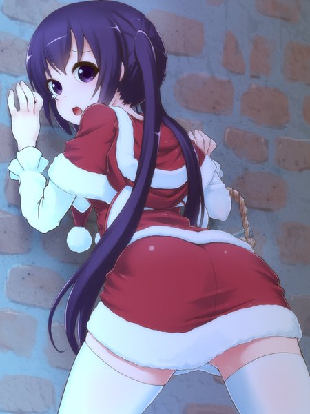 Anime picture 1200x1600 with gochuumon wa usagi desu ka? white fox tedeza rize takeda yukimura single long hair tall image blush fringe open mouth standing purple eyes twintails purple hair looking back fur trim brick wall girl thighhighs white thighhighs