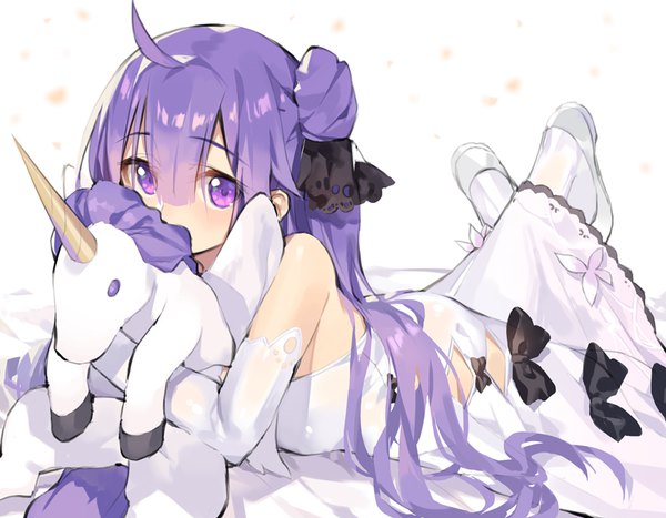 Anime picture 800x623 with azur lane unicorn (azur lane) aemochi single long hair looking at viewer fringe hair between eyes white background purple eyes bare shoulders purple hair ahoge lying hair bun (hair buns) crossed legs crossed arms on stomach covered mouth girl
