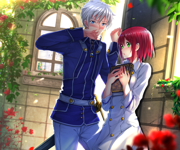 Anime picture 1321x1102 with akagami no shirayukihime studio bones shirayuki (akagami no shirayukihime) zen wistalia (akagami no shirayukihime) swordsouls blush short hair open mouth blue eyes green eyes silver hair red hair couple girl boy flower (flowers) weapon petals sword book (books)