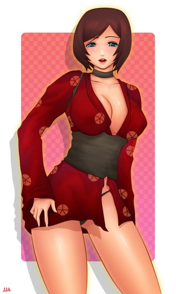 Anime picture 600x1000 with red ninja kurenai (red ninja) khalitzburg single tall image looking at viewer blush short hair blue eyes light erotic brown hair cleavage traditional clothes japanese clothes girl underwear panties