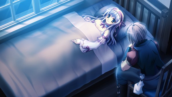 Anime picture 1024x576 with toki o kanaderu waltz salene de short hair blue eyes brown hair wide image game cg white hair girl boy