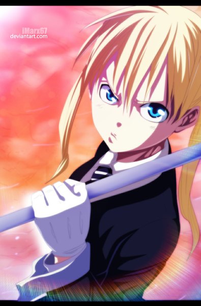 Anime picture 672x1021 with soul eater studio bones maka albarn eroishi single long hair tall image blue eyes blonde hair twintails sky cloud (clouds) sunlight coloring girl gloves necktie suit