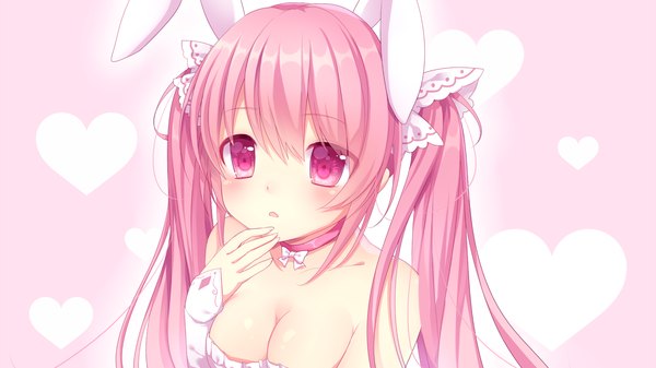 Anime picture 1500x843 with original nachi single long hair looking at viewer blush wide image twintails bare shoulders animal ears pink hair cleavage pink eyes bunny ears pink background girl heart