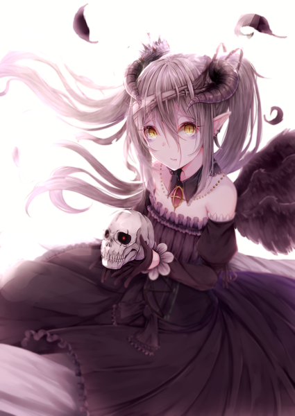Anime picture 1000x1412 with original hiiragi yashiro single long hair tall image looking at viewer fringe hair between eyes twintails bare shoulders yellow eyes horn (horns) pointy ears grey hair girl dress gloves detached sleeves wings black gloves