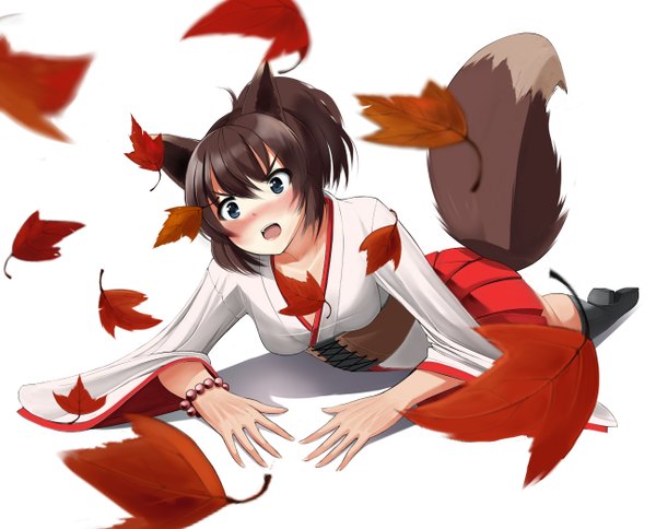Anime picture 1300x1050 with original metalbolic (kinzo) single blush short hair open mouth blue eyes simple background brown hair white background animal ears tail traditional clothes japanese clothes animal tail wolf ears wolf tail wolf girl girl bracelet