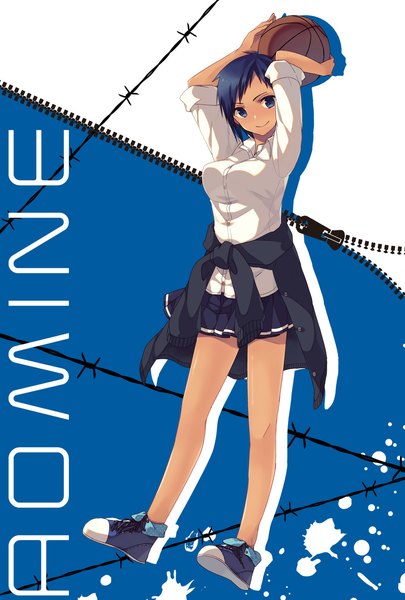Anime picture 800x1183 with kuroko no basket production i.g aomine daiki namiri single tall image short hair breasts blue eyes smile standing holding blue hair looking away pleated skirt arms up legs genderswap dark hair clothes around waist