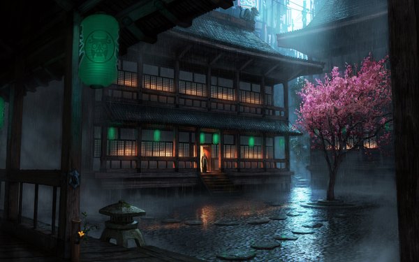 Anime picture 1920x1200 with highres wide image cherry blossoms rain plant (plants) tree (trees) lantern house japanese house