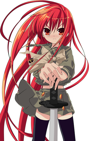 Anime picture 1669x2640 with shakugan no shana j.c. staff shana tobuei single tall image blush red hair very long hair orange eyes transparent background vector girl thighhighs weapon black thighhighs miniskirt sword bowtie katana