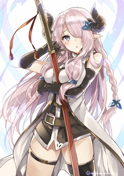 Anime picture 700x988 with granblue fantasy narmaya (granblue fantasy) mishima kurone single long hair tall image blush fringe breasts open mouth blue eyes signed pink hair braid (braids) horn (horns) pointy ears hair over one eye symbol-shaped pupils tress ribbon draph