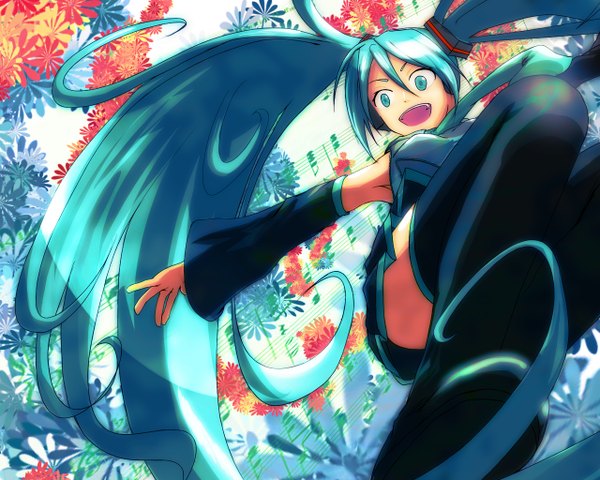 Anime picture 1280x1024 with vocaloid hatsune miku kisou (artist) single fringe open mouth hair between eyes twintails looking away very long hair aqua eyes aqua hair spread arms girl thighhighs black thighhighs detached sleeves