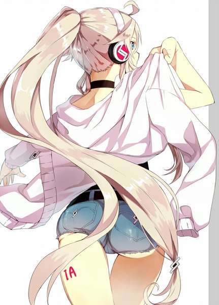 Anime picture 718x1000 with vocaloid ia (vocaloid) akami fumio single tall image blue eyes light erotic simple background standing white background looking away ass white hair ponytail very long hair from behind open clothes open jacket tattoo back