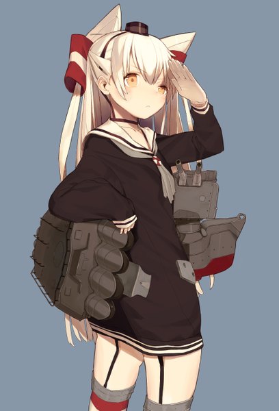 Anime picture 1763x2590 with kantai collection amatsukaze destroyer rensouhou-kun kitada mo single long hair tall image blush highres simple background silver hair orange eyes two side up salute girl thighhighs dress hair ornament hat garter straps