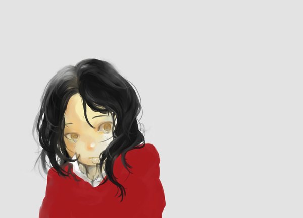 Anime picture 1500x1084 with original nima (pixiv) single long hair black hair simple background brown eyes grey background tears crying girl shirt sweater