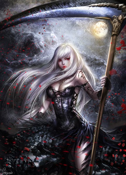 Anime picture 1865x2600 with noblesse seira j. roiard sangrde single long hair tall image highres breasts red eyes standing bare shoulders holding signed looking away cleavage outdoors white hair wind lips night
