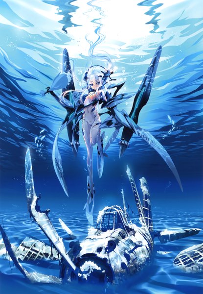 Anime picture 2285x3300 with original eshi 100-nin ten choco single long hair tall image looking at viewer highres blue eyes light erotic white hair scan covered navel underwater mecha musume girl water headdress bodysuit aircraft