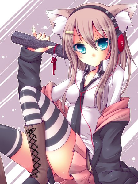 Anime picture 768x1024 with original meiya neon long hair tall image looking at viewer blush blue eyes brown hair animal ears tail animal tail cat ears cat tail girl thighhighs skirt necktie boots headphones striped thighhighs