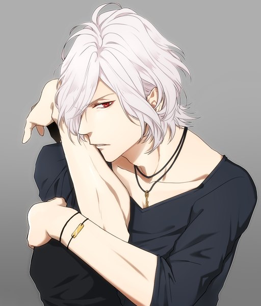 Anime picture 961x1126 with diabolik lovers idea factory sakamaki subaru kuwa ayase single tall image looking at viewer fringe short hair simple background red eyes upper body white hair hair over one eye grey background albino boy hands key