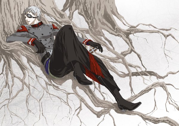 Anime picture 1813x1280 with last exile last exile: gin'yoku no fam gonzo alauda moneynew single highres short hair white background grey hair boy gloves uniform plant (plants) tree (trees) boots eyepatch military uniform roots