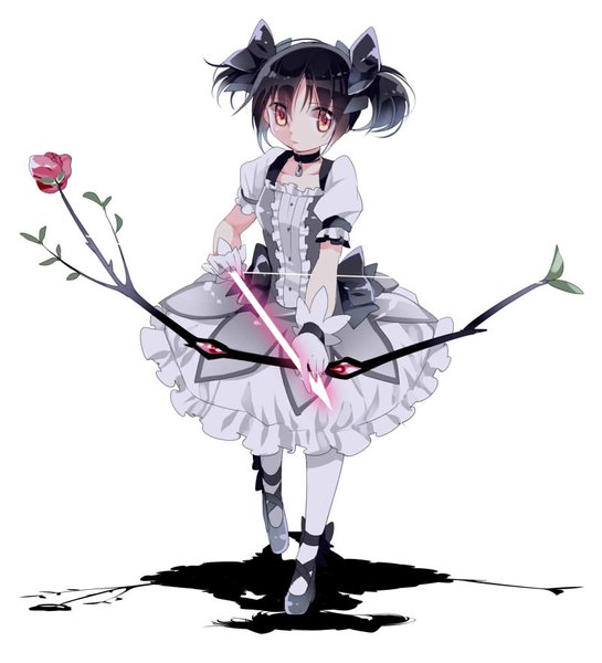Anime picture 800x880 with mahou shoujo madoka magica shaft (studio) kaname madoka ayumaru (art of life) single tall image looking at viewer short hair black hair simple background red eyes white background twintails full body shadow puffy sleeves short twintails magical girl alternate color girl
