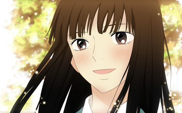 Anime picture 1920x1200 with kimi ni todoke production i.g kuronuma sawako blush highres open mouth smile brown hair wide image brown eyes signed watermark close-up girl plant (plants) tree (trees)