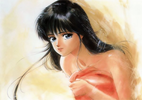 Anime picture 1519x1069 with kimagure orange road ayukawa madoka takada akemi single long hair black hair bare shoulders official art grey eyes wallpaper oldschool 80s girl