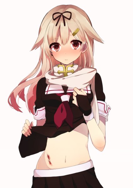 Anime picture 868x1228 with kantai collection yuudachi destroyer usuke (38257259) single long hair tall image looking at viewer blush highres simple background blonde hair red eyes white background pink hair pleated skirt multicolored hair gradient hair shirt lift remodel (kantai collection) girl