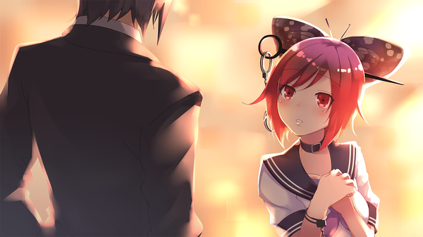 Anime picture 1280x720 with vocaloid bacterial contamination (vocaloid) tagme (character) magnesium c.c.r single blush fringe short hair breasts red eyes wide image red hair from behind short sleeves girl boy uniform bow hair bow
