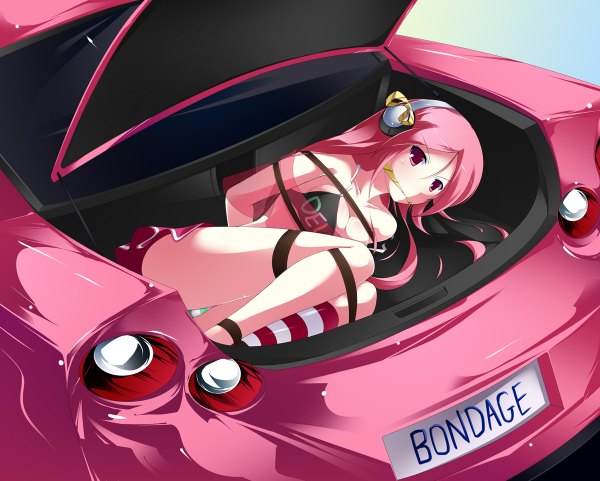 Anime picture 1200x962 with pangya nissan lucia maullarmaullar long hair light erotic pink hair pink eyes pantyshot bondage girl socks headphones bikini top ground vehicle car striped socks