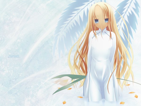 Anime picture 1600x1200 with hiiragi ryou single long hair looking at viewer blush blue eyes simple background blonde hair standing wallpaper chinese clothes hands behind back girl dress flower (flowers) petals white dress chinese dress