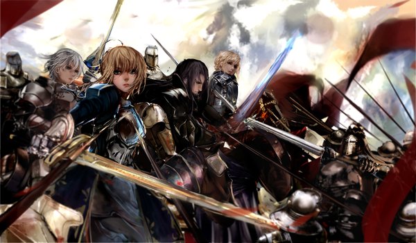 Anime picture 1280x748 with fate (series) fate/zero type-moon artoria pendragon (all) saber diarmuid ua duibhne (lancer) (fate) gawain (fate) bedivere (fate) misaka 12003-gou long hair short hair blue eyes black hair blonde hair wide image silver hair battle girl boy weapon