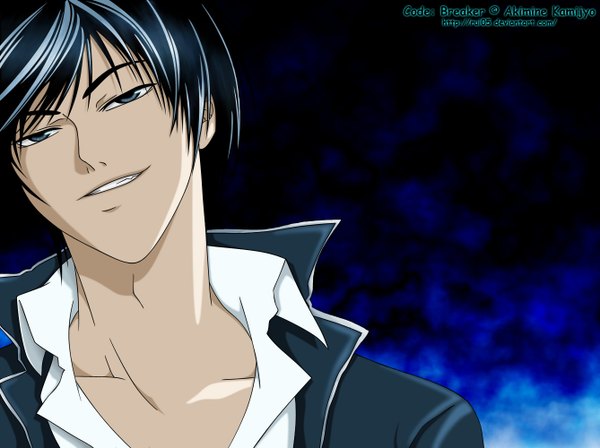 Anime picture 1338x1000 with code: breaker kinema citrus ogami rei rui05 single looking at viewer short hair blue eyes smile blue hair inscription dark background open collar boy