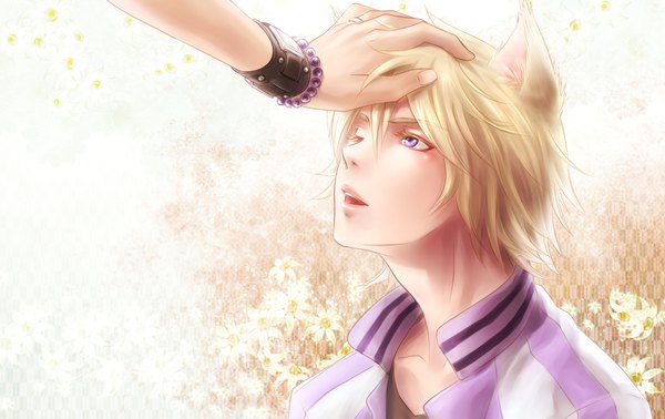 Anime picture 1900x1200 with tiger & bunny sunrise (studio) kaburagi t. kotetsu ivan karelin v-sil highres short hair open mouth blonde hair purple eyes animal ears one eye closed wink cat ears hand on head boy flower (flowers) clock beads hand