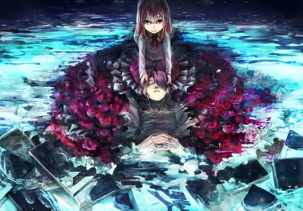 Anime picture 2000x1395 with ib (game) garry (ib) ib (ib) kina (cocco) looking at viewer fringe highres red eyes purple hair red hair eyes closed hair over one eye skirt flower (flowers) ribbon (ribbons) shirt rose (roses)