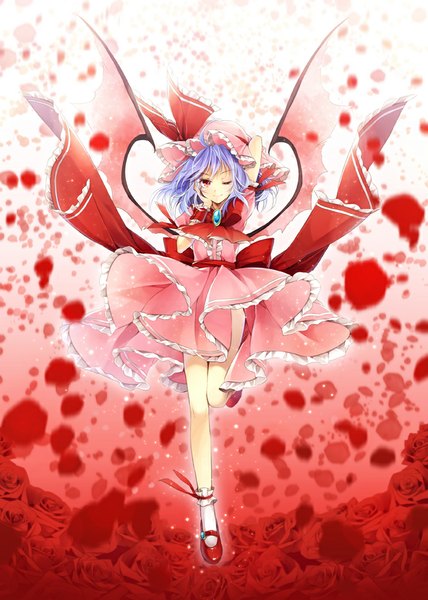 Anime picture 713x1000 with touhou remilia scarlet hagiwara rin single tall image looking at viewer short hair smile red eyes purple hair one eye closed wink girl dress flower (flowers) petals wings socks rose (roses) white socks