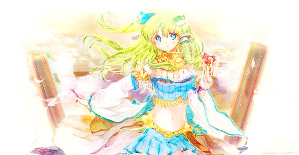 Anime picture 1925x1000 with touhou kochiya sanae heco (mama) single long hair looking at viewer blush highres blue eyes smile wide image signed nail polish green hair bare belly alternate costume one side up girl navel hair ornament