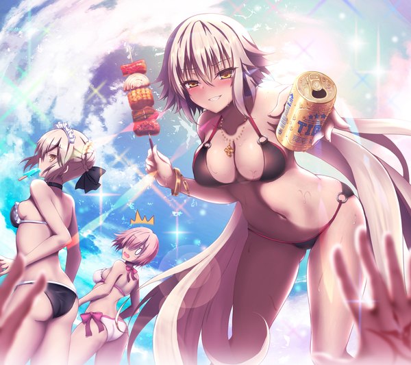 Anime picture 1607x1428 with fate (series) fate/grand order artoria pendragon (all) jeanne d'arc (fate) (all) mash kyrielight fujimaru ritsuka (male) mash kyrielight (swimsuit of perpetual summer) akina t looking at viewer blush fringe short hair breasts open mouth light erotic blonde hair smile multiple girls holding brown eyes