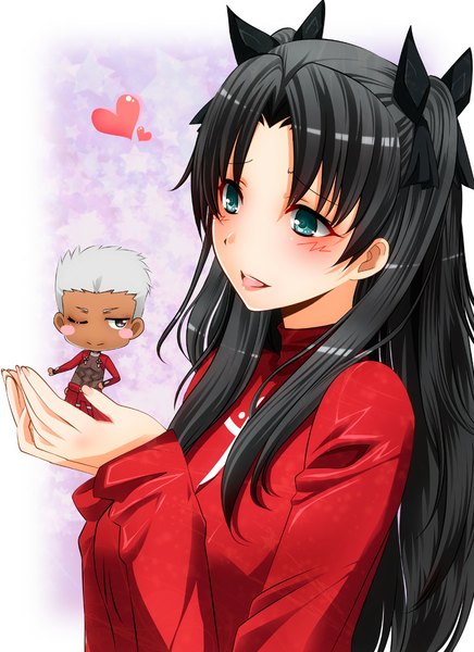Anime picture 727x1000 with fate (series) fate/stay night type-moon toosaka rin archer (fate) kiko (weavehabit) long hair tall image blush fringe short hair black hair smile green eyes parted lips one eye closed grey hair wink chibi silver eyes