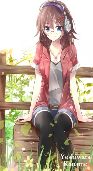 Anime picture 548x1000 with original aosaki yukina single tall image looking at viewer short hair blue eyes smile brown hair sitting girl hair ornament plant (plants) glasses shorts hairclip headphones