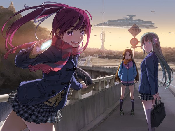 Anime picture 1280x960 with original yomban naruko hanaharu long hair looking at viewer blush fringe standing twintails multiple girls brown eyes pink hair sky cloud (clouds) ponytail pink eyes aqua eyes light smile aqua hair plaid skirt